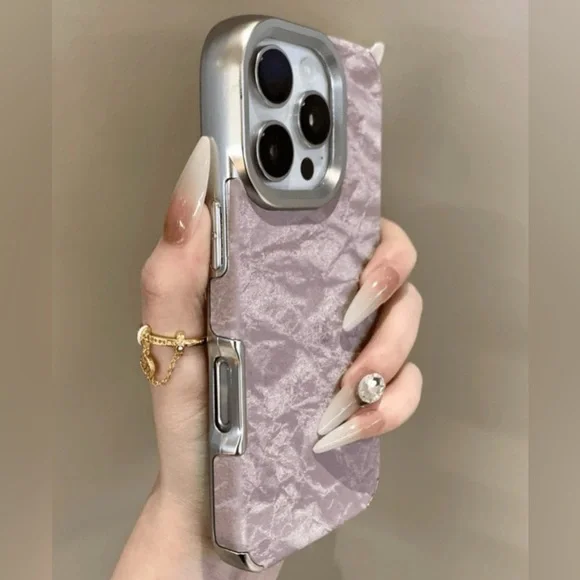 iPhone 16 Pro Max Case – Crushed Velvet Texture,Silver Frame | Luxe & Minimalist - Picture 3 of 6